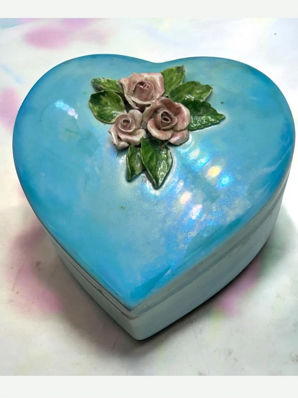Vintage “Signed Anne” AB Coating Heart Floral Trinket Box